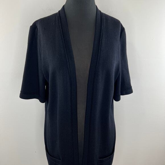 St John Basics Black Santana Wool Knit Open Front Duster Cardigan Large L FLAW - Picture 2 of 12